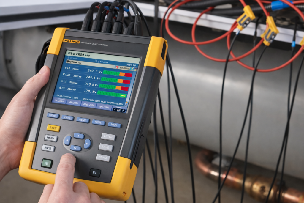 A digital multimeter testing electrical circuits with colorful wires.